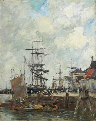 Eugène BOUDIN Dordrecht, un quai, Oil on canvas: Eugène BOUDIN (1824-1898) Dordrecht, un quai, circa 1885-1890. Oil on canvas, signed on bottom right. 26 x 21 cm Bibliography : Reproduced in the catalogue raisonné of Eugène Boudin by M. Schmidt u