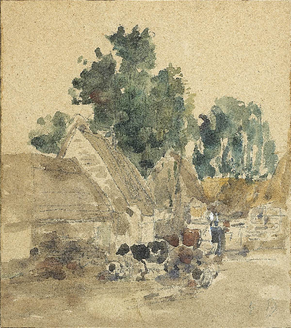 Eugène BOUDIN Village Scene. Watercolor: Eugène BOUDIN (1824-1898) Village Scene. Watercolor, monogrammed on bottom right. 17 x 15 cm Eugène BOUDIN (1824-1898) Village Aquarelle monogrammée en bas à droite 17 x 15 cm