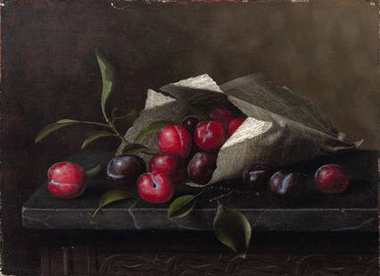 HARNETT American Still Life Painting: William Michael HARNETT (1848-1892), American School. Still life with plums. Oil on canvas, signed, situated and dated München, 1881 on bottom right. 28 x 38 cm Français: William Michael HARNETT (18