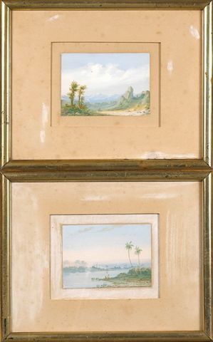PASCAL Egyptian Landscape Signed Gouache: Paul PASCAL (1832-1903). Banks of the Nile and Egyptian Landscape. Pair of gouaches, signed on bottom left. 9 x 13 cm Français: Paul PASCAL (1832-1903) Bords du Nil et paysage en Egypte Paire de goua