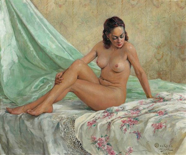 Émile DECKERS (1885-1968) French Nude Woman Oil on: Émile DECKERS (1885-1968) Nude Woman Oil on canvas, signed, situated Alger and dated 1949 on bottom right. 60,5 x 73 cm - 23 4/5 x 28 3/4 in. Émile DECKERS (1885-1968) Femme nue Huile sur toile, sig