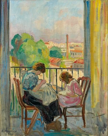Henri LEBASQUE (1865-1937) French Young Girl Sewi: Henri LEBASQUE (1865-1937)' Young Girl Sewing at her Window' Oil on canvas, signed on bottom left and dated 1911' Numbered 1996 H. Lebasque on the back. 81 x 65 cm - 31 9/10 x 25 3/5 in.'' Henri LEBAS