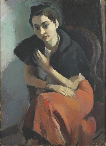Vera ROCKLINE (1896-1934), Russian Woman with Pink: Vera ROCKLINE (1896-1934), Russian Woman with Pink Dress and Black Fur Oil on canvas, signed on bottom left. 99,5 x 73 cm - 39 1/8 x 29 3/4 in. Exposition : Galerie Drouart, Rétrospective Vera Rockli