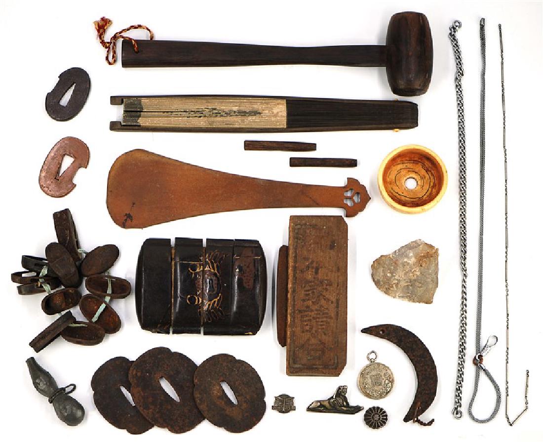 BOX OF ASSORTED ITEMS: A tool box with various items, ranging from a small mallet, to chains and remains of an inro box. L: 9 in (23 cm) Â W: 2 1/2 in (6.4 cm)Â L:1/4 in (0.6cm) Â W:Â 1/4 in (0.6 cm)