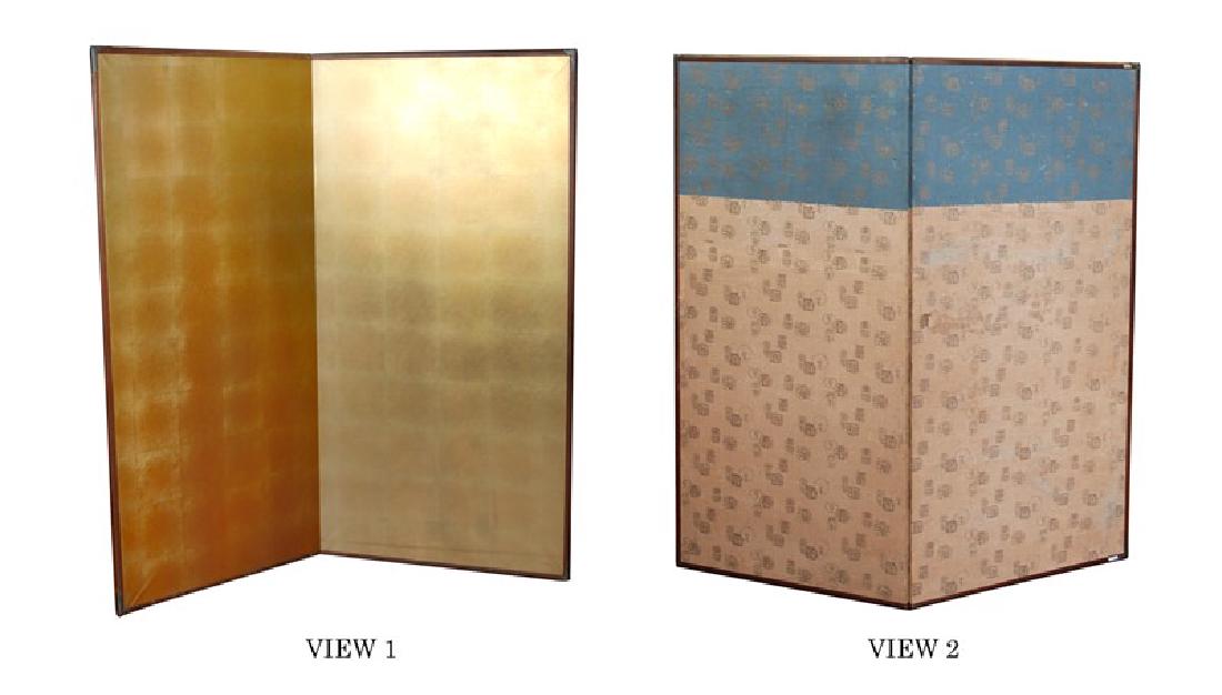 GILT ROOM SCREEN; EDO PERIOD (1603-1867): The front side of the screen is fully filled with gilt, the back side is filled with many groups of Japanese characters. H:59 1/2in (151.1 cm) W:55in (139.7 cm) HOLES