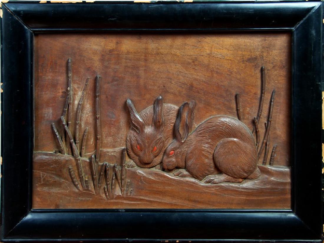JAPANESE RABBIT WOOD CARVING; MOMOYAMA (1569-1600): Wonderful Japanese antique carved keyaki (elm) wood panel, carved two rabbits. H:17 3/4in (44.4 cm) W:23 1/2in (59.6 cm)