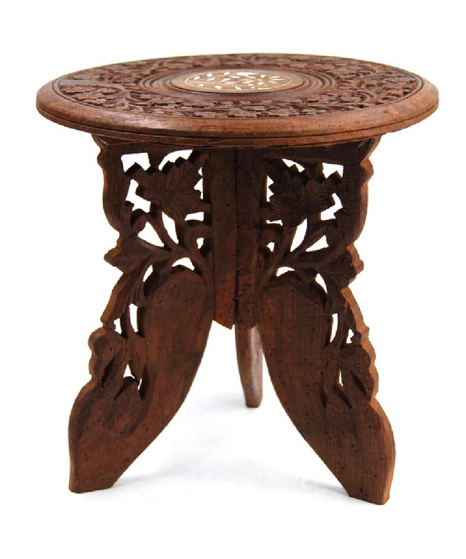 WOODEN FLOWER INLAID TRIPOD STAND: Wooden flower inlaid tripod stand H:9 3/4in ( 24.7 cm ) D:9in ( 22.8 cm )