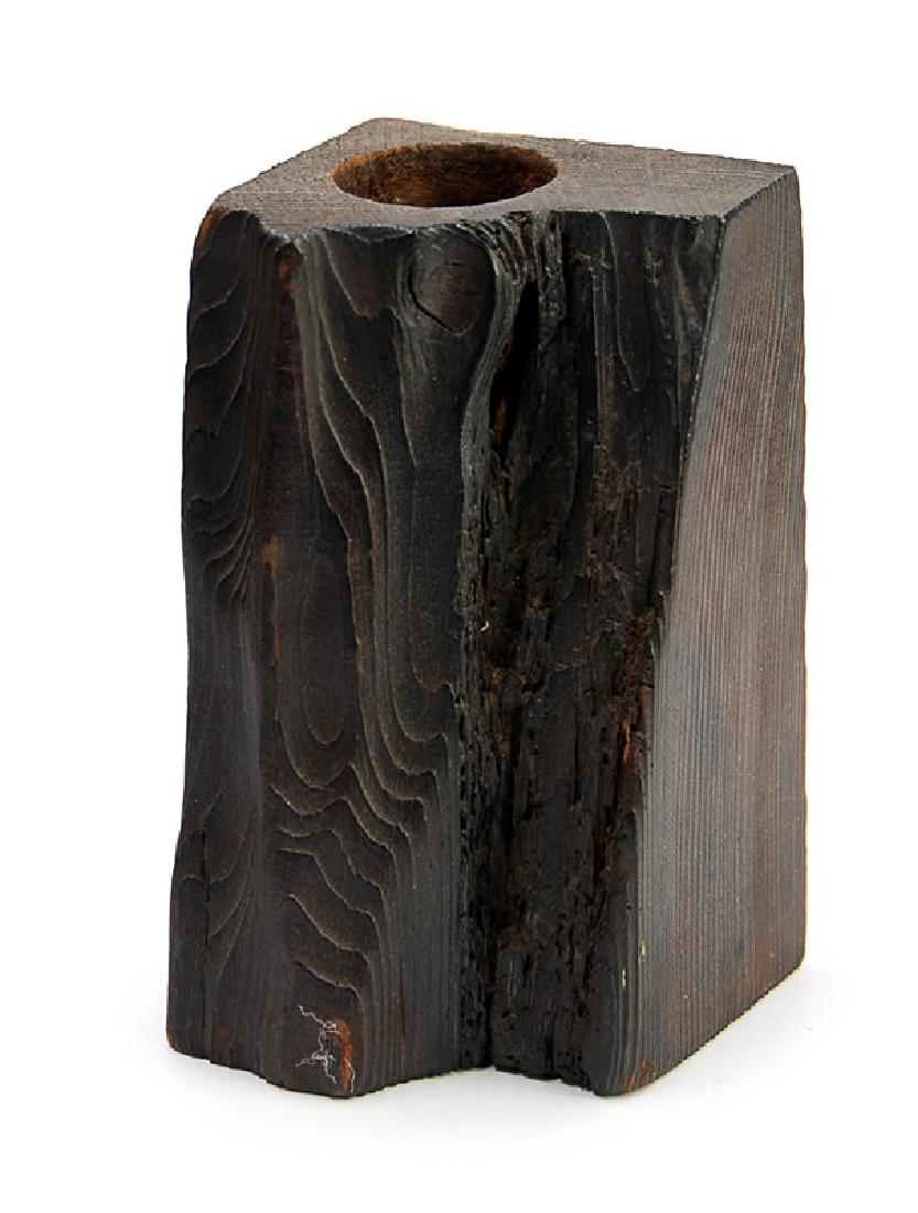 WOODEN HOLDER: Japanese wood carved pen holder H:5 3/4in ( 14.6 cm ) W:3 1/4in ( 8.2 cm )