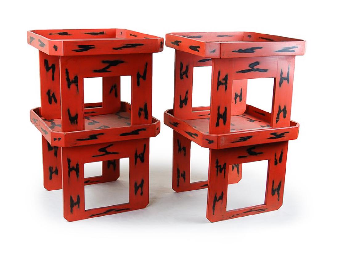 SET OFLACQURED TEA TABLES: H:11in(28cm) W:13in(33cm)