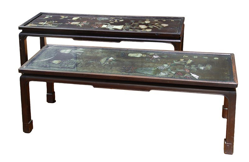 PAIR OF STONE INSET TEA TABLES: Two tables incised with stone carved planters. On each top left corner, there are four characters stating the theme of each design. H:17in(43.2cm) W:49in(124.5cm) D:16in(40.6cm)