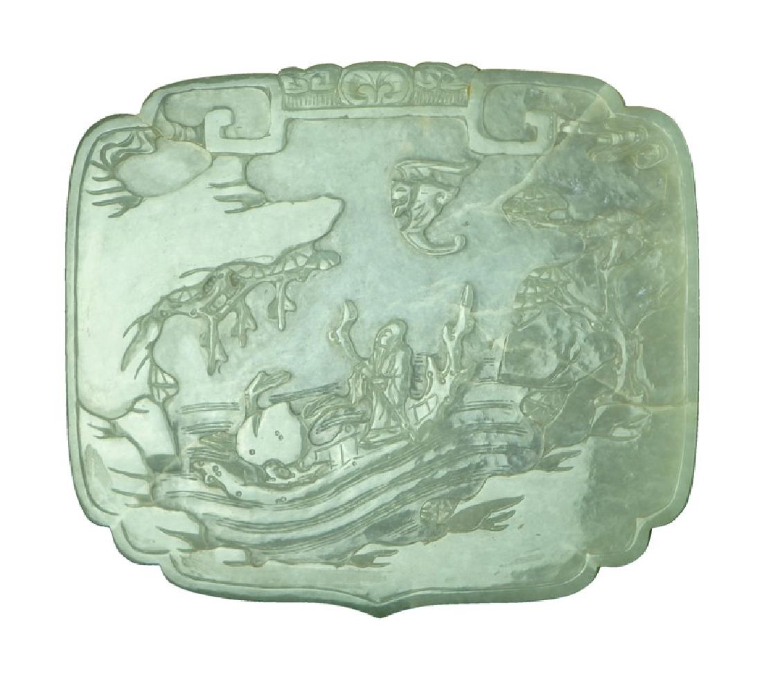 QINGBAI JADE PLAQUE; QING DYNASTY(1644-1912): Intended as the head of a ruyi scepter, this thin jade plaque has been carved with a scene of Shou on a river along with a large peach and a bat flying above._x000D_ H:4in(10.2cm) W:5in(12.7cm) 121g_x