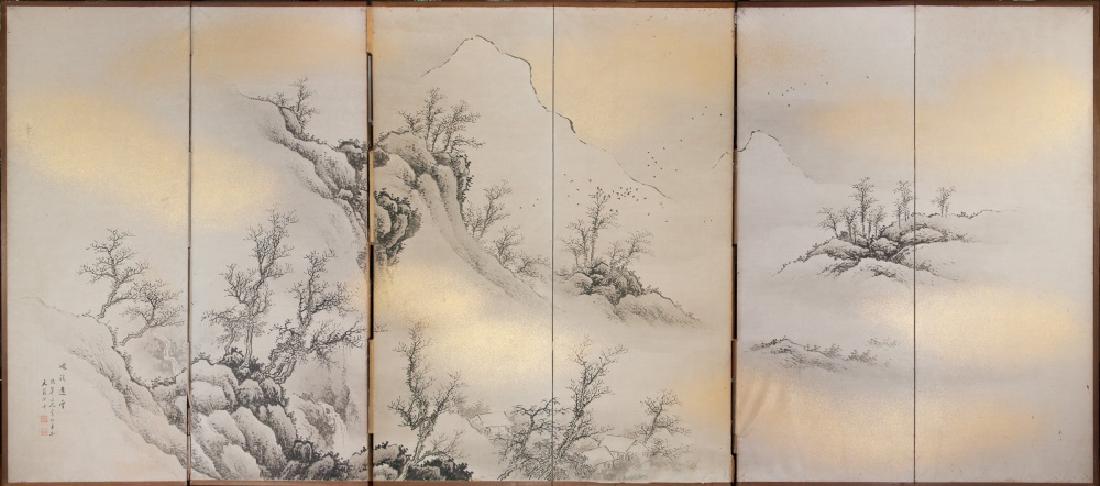 JAPANESE ROOM SCREEN- INK ON PAPER MOUNTAIN SCENE: A six-panel room screen with sprays of gold paint over a simplistic moutainscape scene. H:67in(170.1cm) W:150in(381cm)