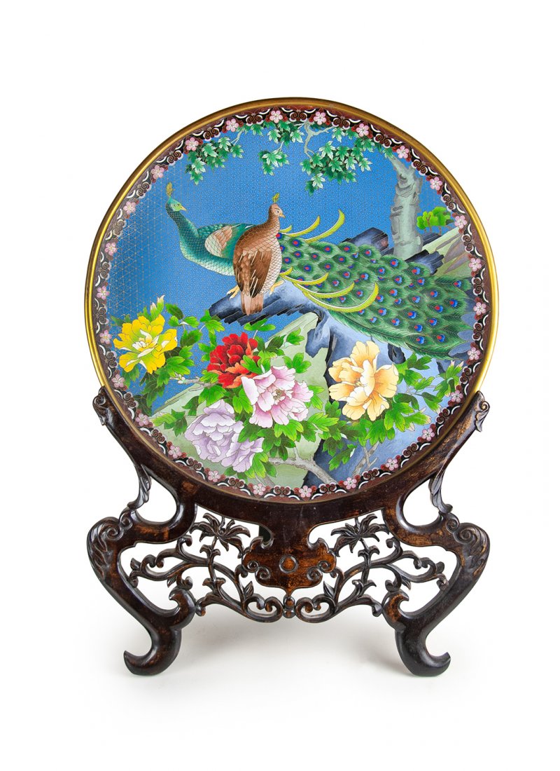 LARGE CLOISONNE PEACOCK PLATE (1 of 1)