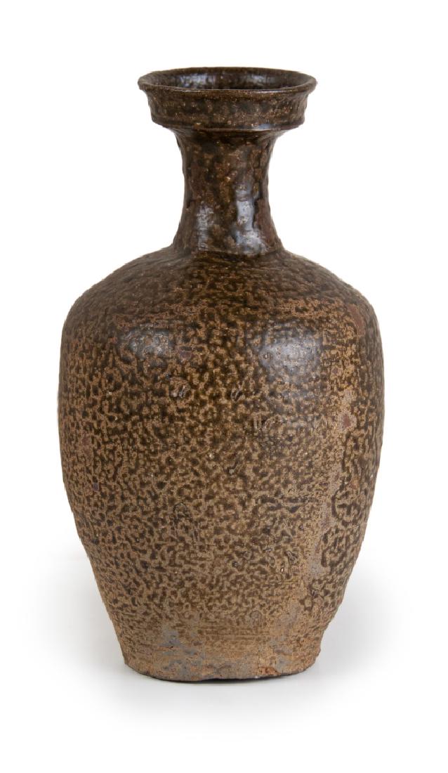 KOREAN TEA COLOR GLAZE VESSEL: A Beautiful Natural Green Ash glazed Cup-Shape Bottle: Korea, Koryo Period, 10th -11th Century The slightly tapering globular stoneware bottle with short neck and cup-shaped mouth enhanced with a thic