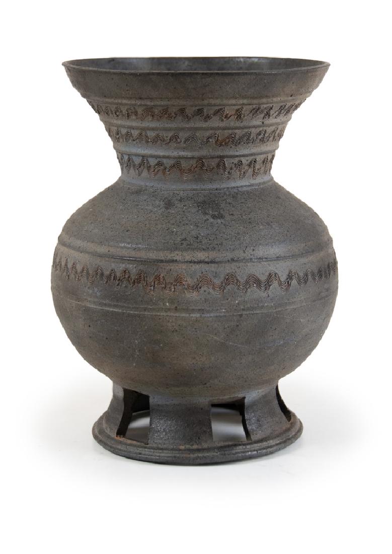 KOREAN INCISED STONEWARE JAR: A Large Incised Stoneware Jar-Old Silla Period, 4th-6th C.: Korea, Old Silla Kingdom period, 5th-6th century, This is a stoneware with natural ash glaze and incised comb patterns on the neck between t