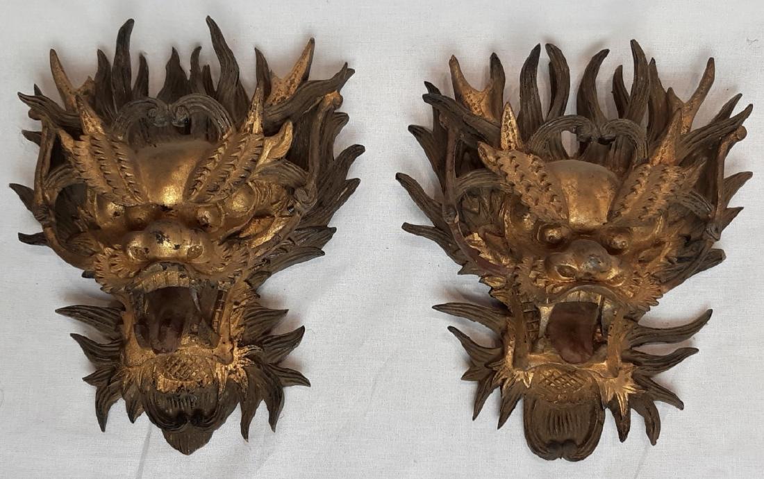 PAIR OF CARVED GILDED WOOD DRAGON HEADS (1 of 1)