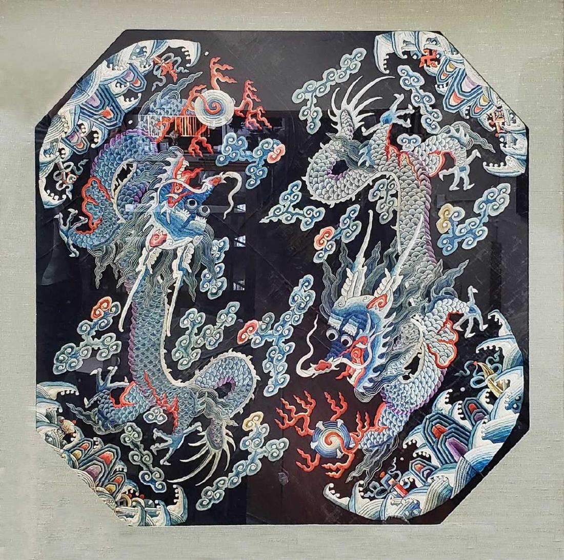 FRAMED CHINESE EMBROIDERY -DOUBLE DRAGONS (1 of 1)