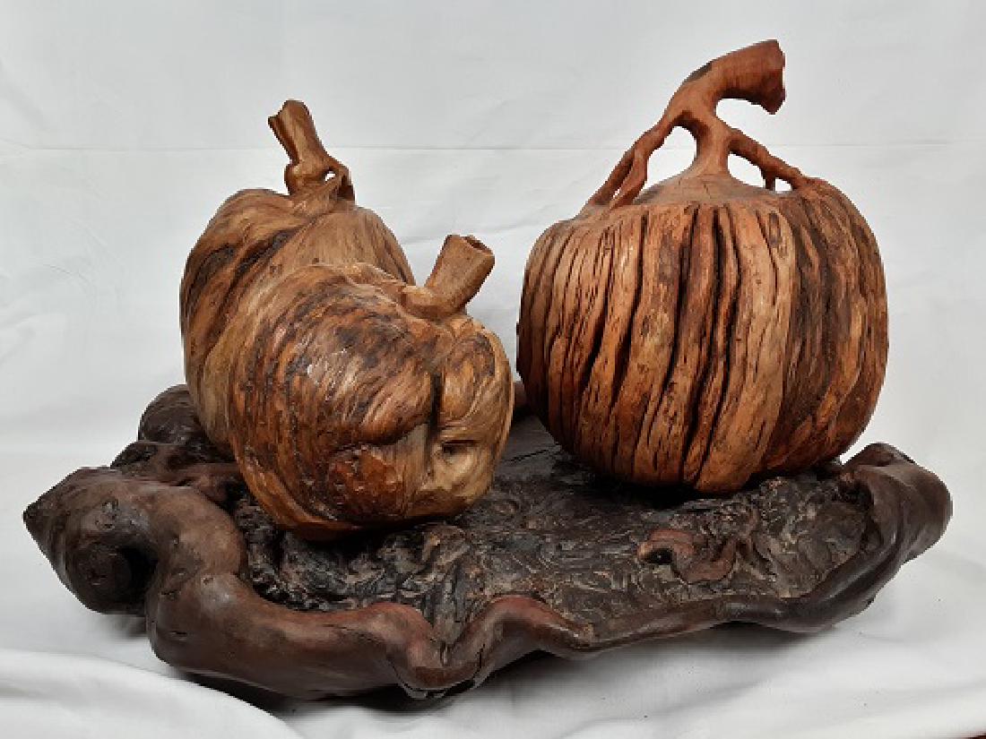 CARVED WOOD MELON ON BURL WOOD TRAY (1 of 1)