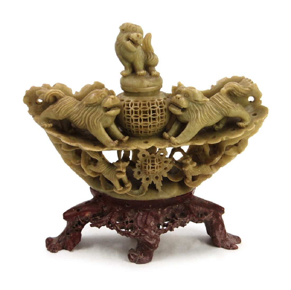 SOAP STONE CARVED FOO LION CENSER (1 of 2)
