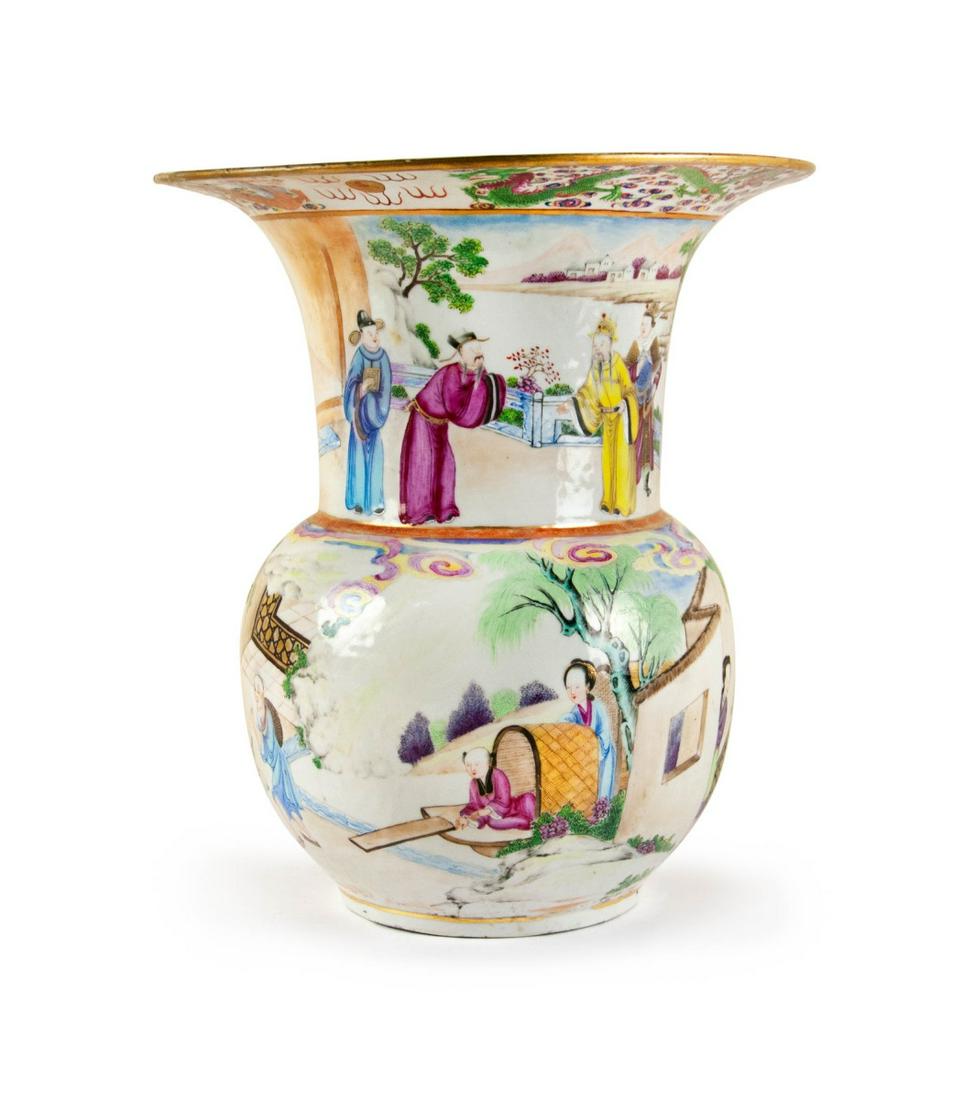 CHINESE FAMILLE ROSE PORCELAIN SPITOON: QING DYNASTY Of round-phoenix tail form, crisply molded and brightly with narrative scenes, one side depicting an official and his entourage, the other side portraying ladies talking in the courtyard.