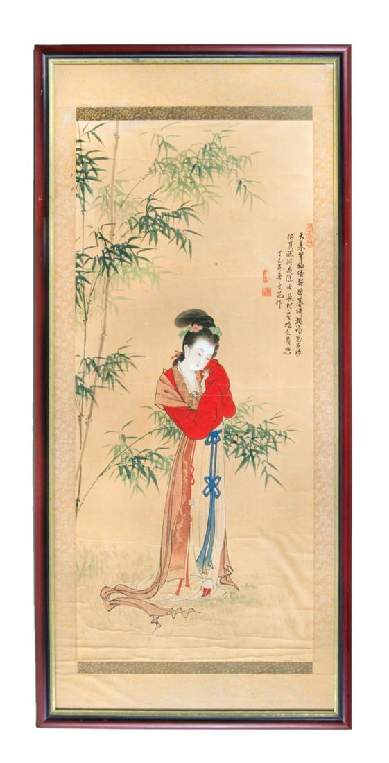 FRAMED PAINT ON PAPER "LADY IN BAMBOO" (1 of 3)