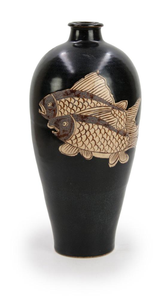 BLACK GLAZED VASE WITH FISH PATTERN (1 of 3)