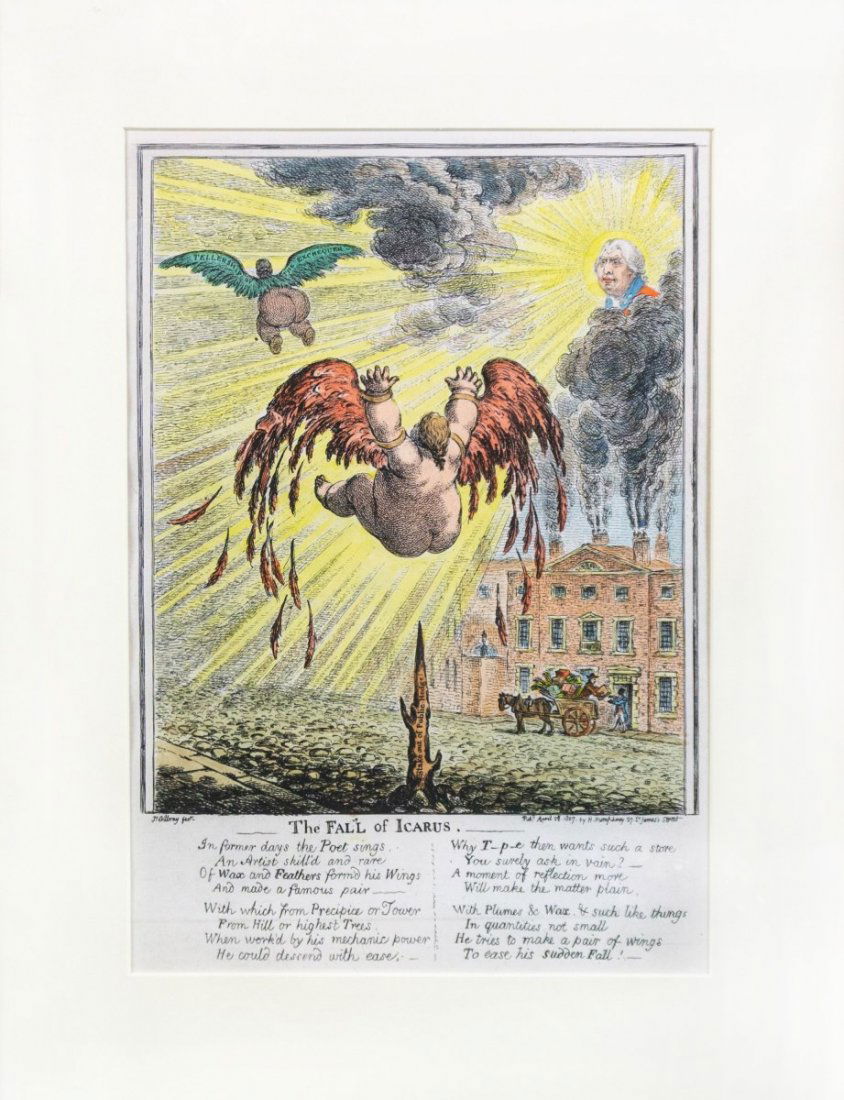 JAMES GILLRAY COLOR ETCHING (c.1807): Title "The Fall Of Icarus" Artwork H:14in(35.5cm) W:9 3/4in(24.7cm)