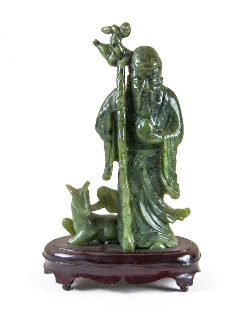 CARVED JADE LONGEVITY SHOU AND DEER: H:9in(22.8cm) W:5in(12.7cm) Weight: 2.6 Lbs