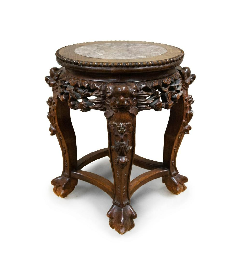 MARBLE TOP CARVED WOOD STOOL: H:18in(45.7cm) W:17in(43.1cm)