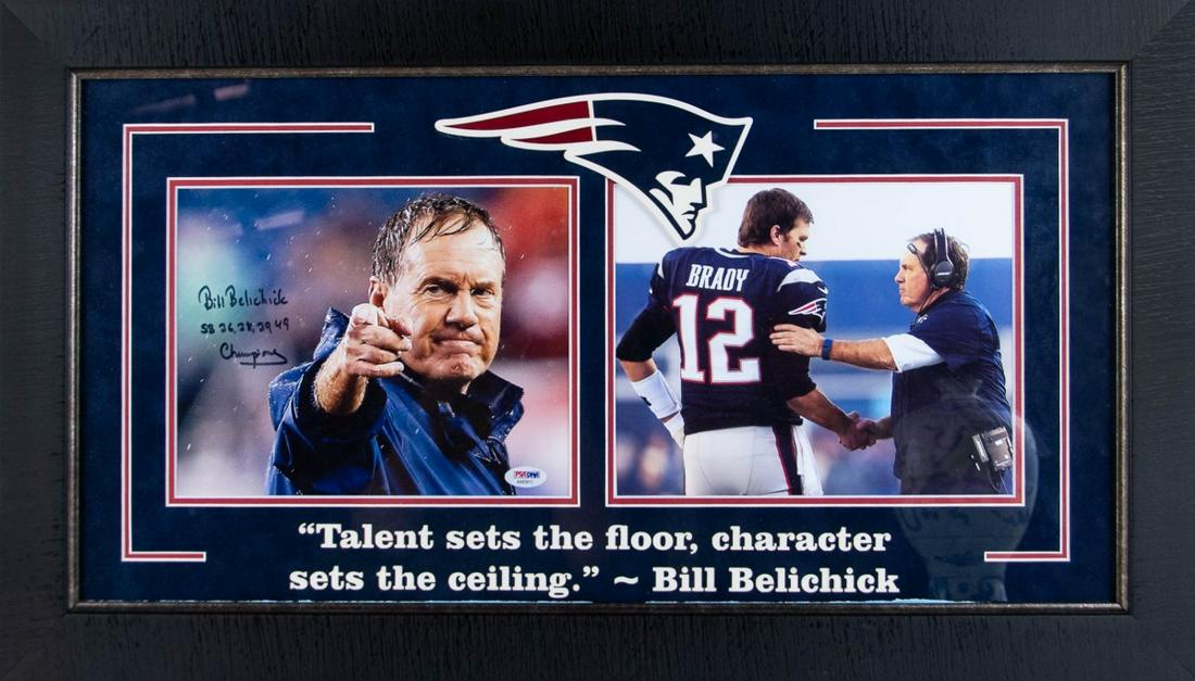BILL BELICHICK SIGNED SPORTS MEMORABILIA PRINTS: Two framed sports memorabilia color prints. The left print depicts New England Patriots coach Bill Belichick. It is signed in marker by Bill Belichick" Bill Belichick, SB 36,38,39,49 Champions." Right