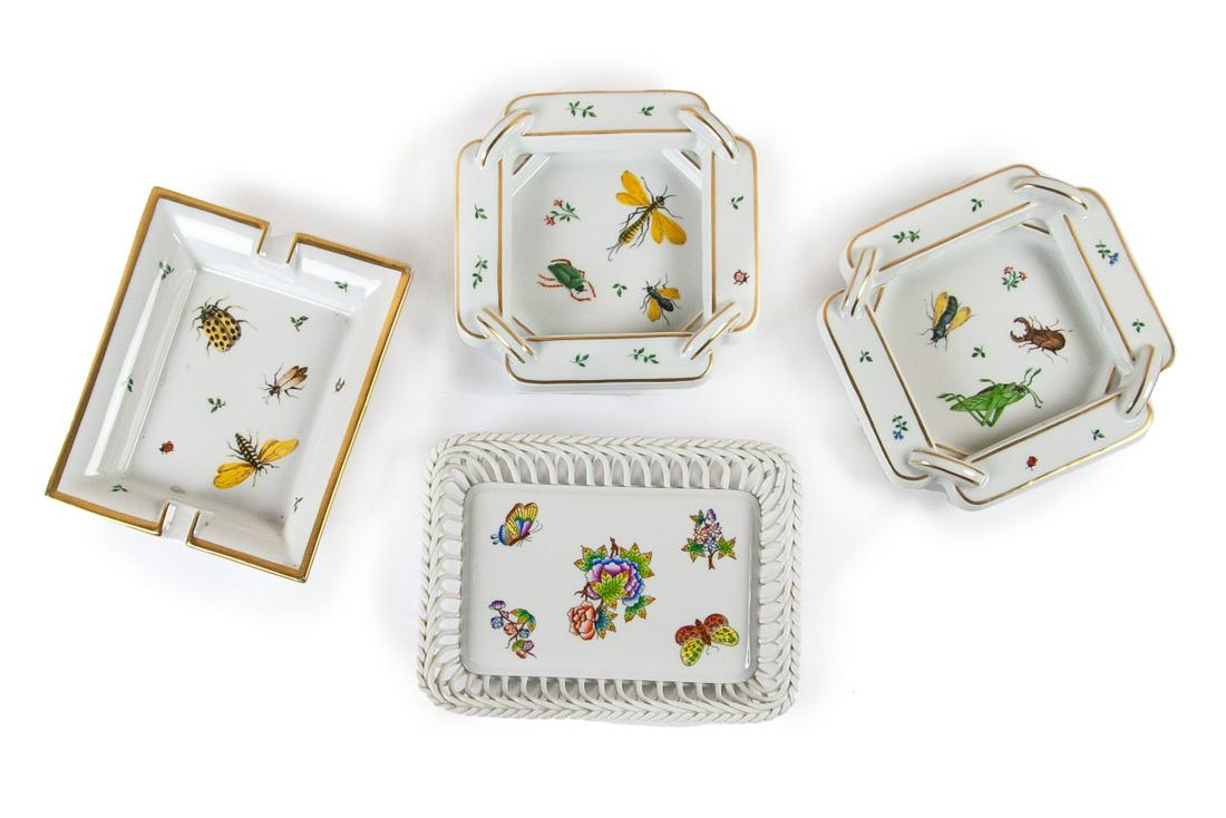 SET OF HERMES PORCELAIN & HEREND HVNGARY TRAYS: Pair of Hermes Paris Porcelain square dishes/ trays. Made in Paris. One of Hermes Paris porcelain ash tray, Made in Paris. One of Herend Hvngary openwork trays ( Handmade) 7389 / VBO 8 1/4in(20.9cm)