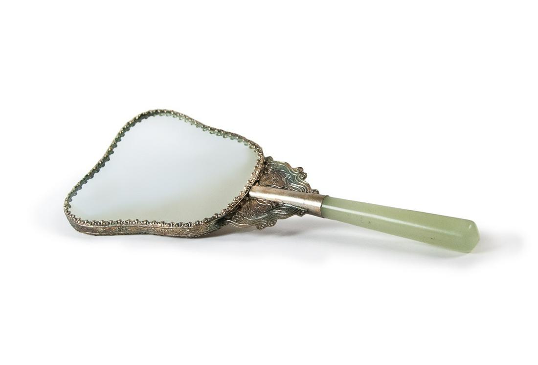 CHINESE JADE HANDLED SILVER MIRROR: 9in(22.8cm)