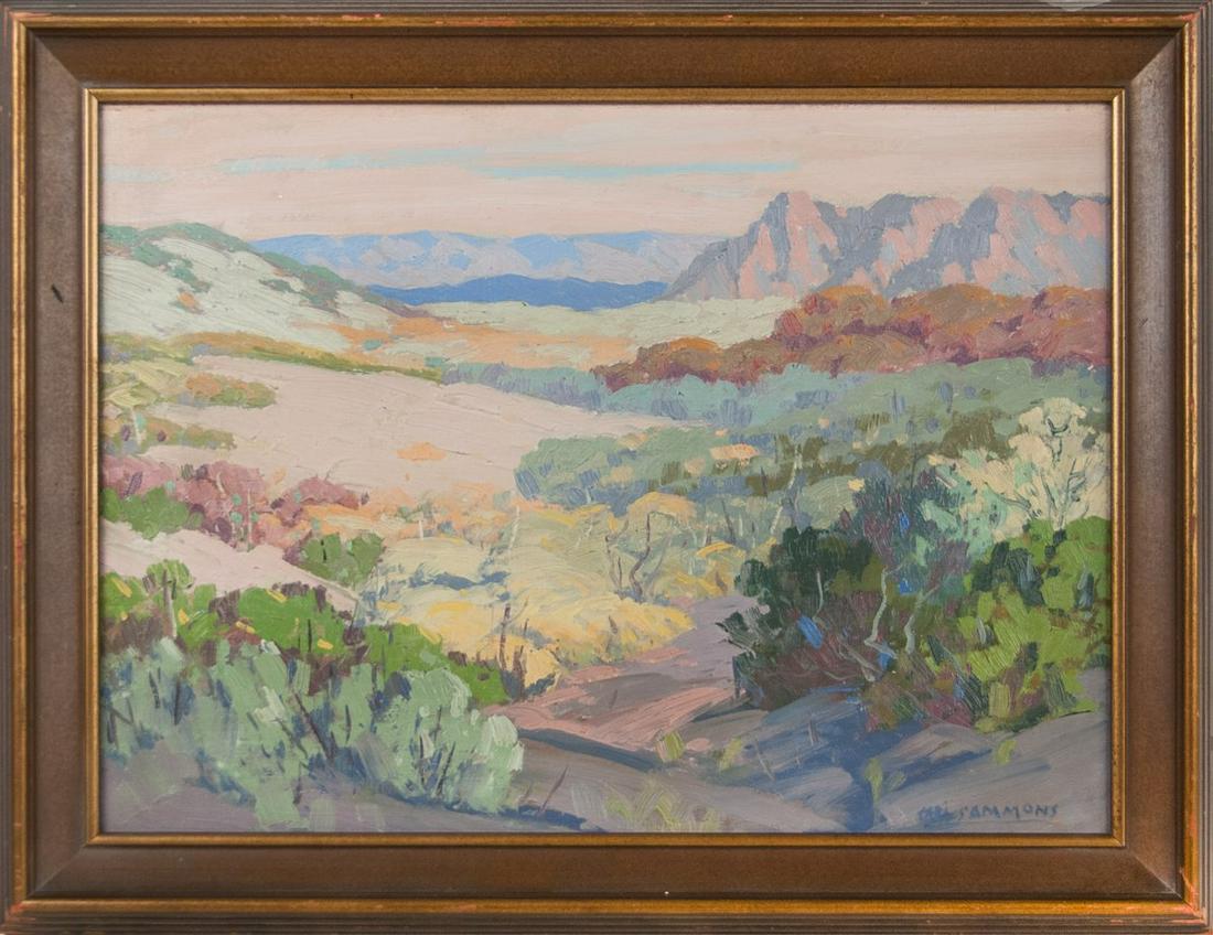 CARL SAMMONS (American, 1883-1968): Oil on canvas board, signed lower right "Carl Sammons", depicting a scene with mountain in the background. 13in(33cm) X 17in(43.1cm)