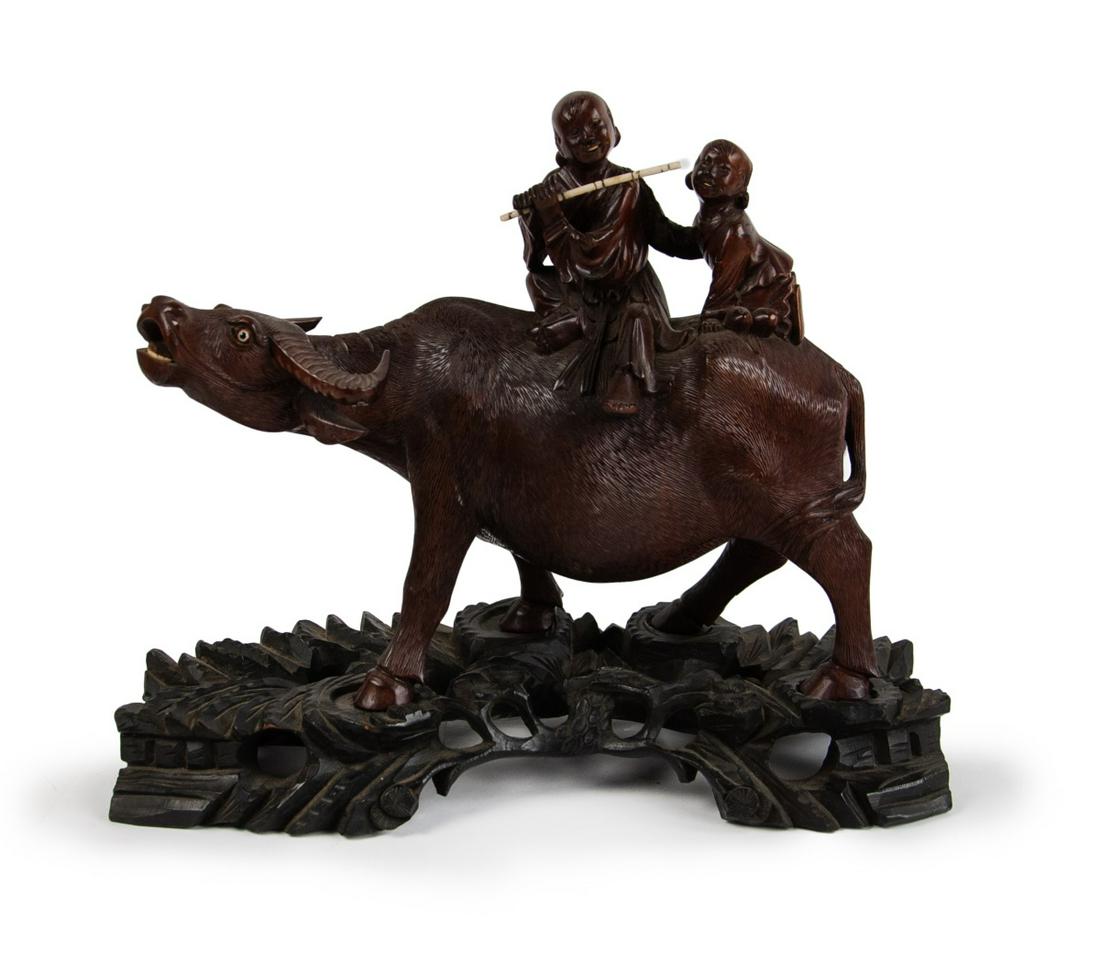 CHINIESE WOOD CARVED FIGURE OF OX WITH CHILDREN: H:11 1/4in(28.5cm) W:13 1/2in(34.2cm)