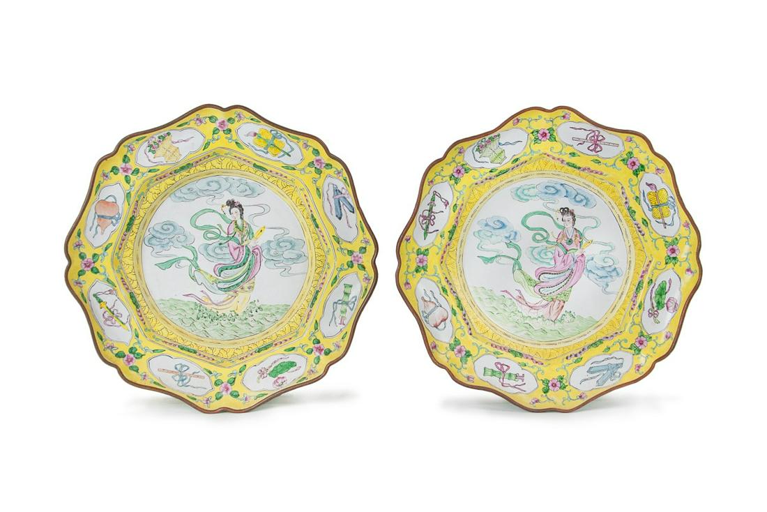 PAIR OF YELLOW ENAMELED COPPER GODDESS DISHES (1 of 5)