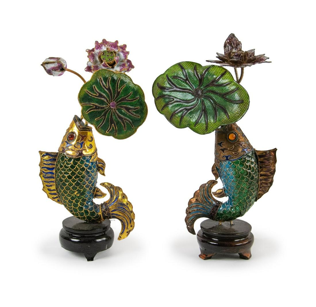 PAIR OF CLOISONNE LOTUS FISH FIGURES (1 of 2)