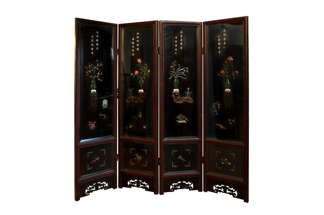 A CHINESE CORAL, JADE LACQUER FOUR PANELS SCREEN (1 of 3)
