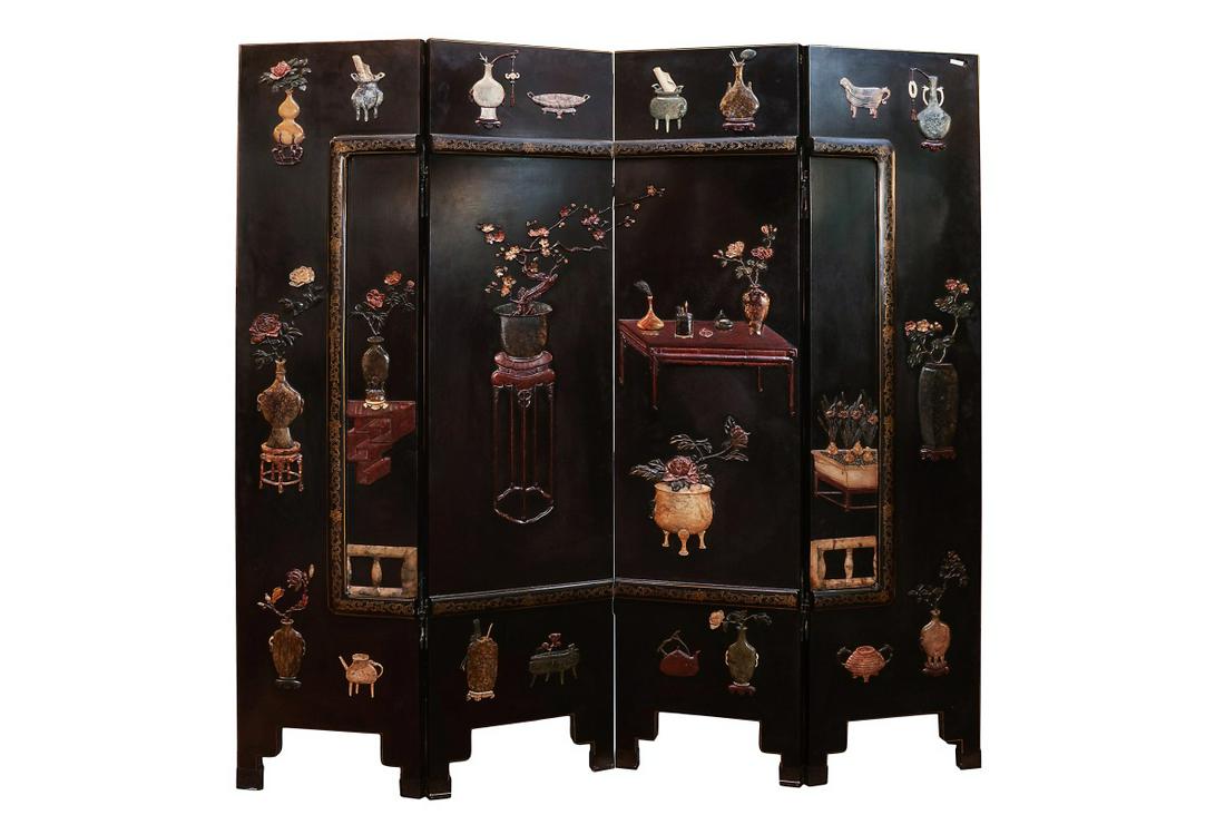 CHINESE JADE LACQUER FOUR PANELS SCREEN (1 of 16)