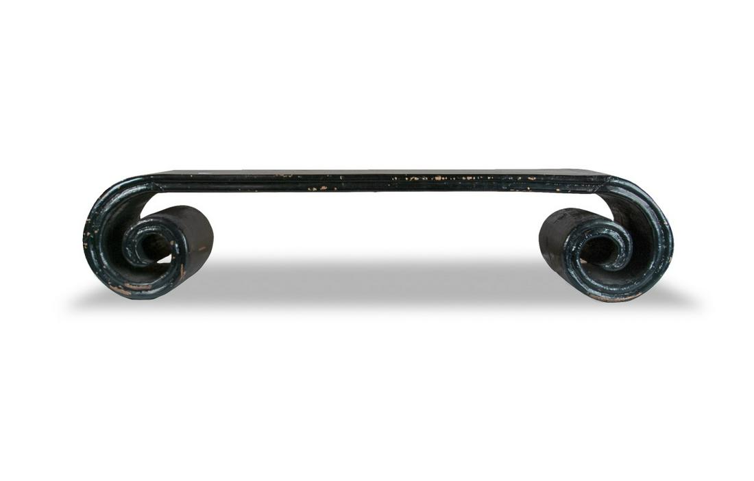 LACQUER SCROLL LOW TABLE: H:12in(30.4cm) W:55in(139.7cm) D:12 1/2in(31.7cm)