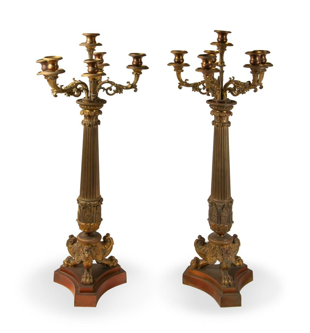 PAIR OF BRASS CANDELABRAS: H:26in(66cm) W:10in(25.4cm)