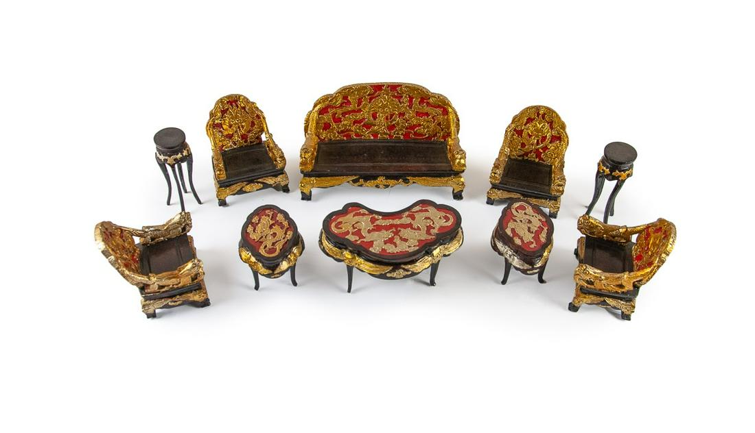 SET OF CHINESE DOLL HOUSE LIVING ROOM SEATING: Carved wood set of Chinese doll house living room seating. Sofa: H:3 3/4in(9.5cm) W:6in(15.2cm)