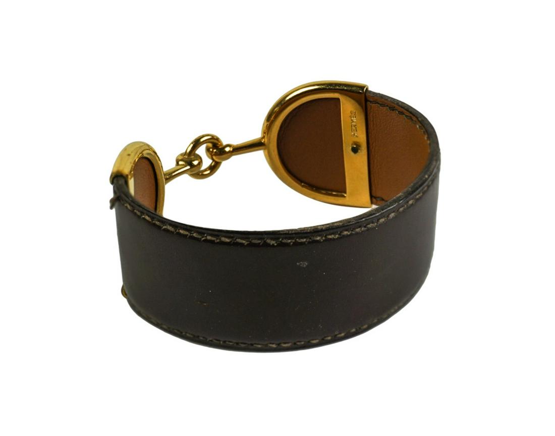 HERMES THICK LEATHER AND GOLD CUFF BRACELET (1 of 4)