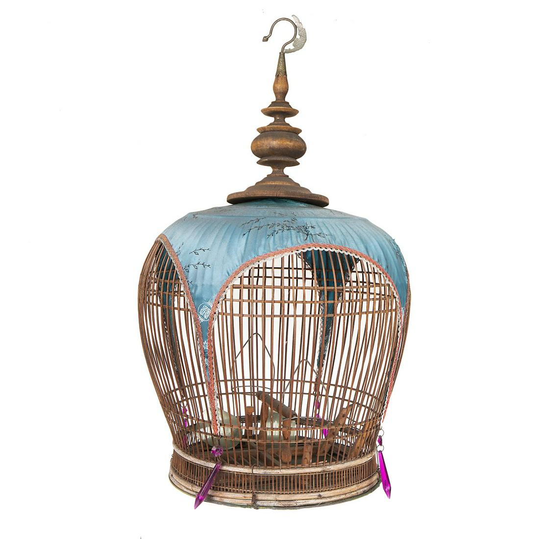 A ROUNDED CHINESE BAMBOO BIRDCAGE WITH CLOTH COVER (1 of 6)