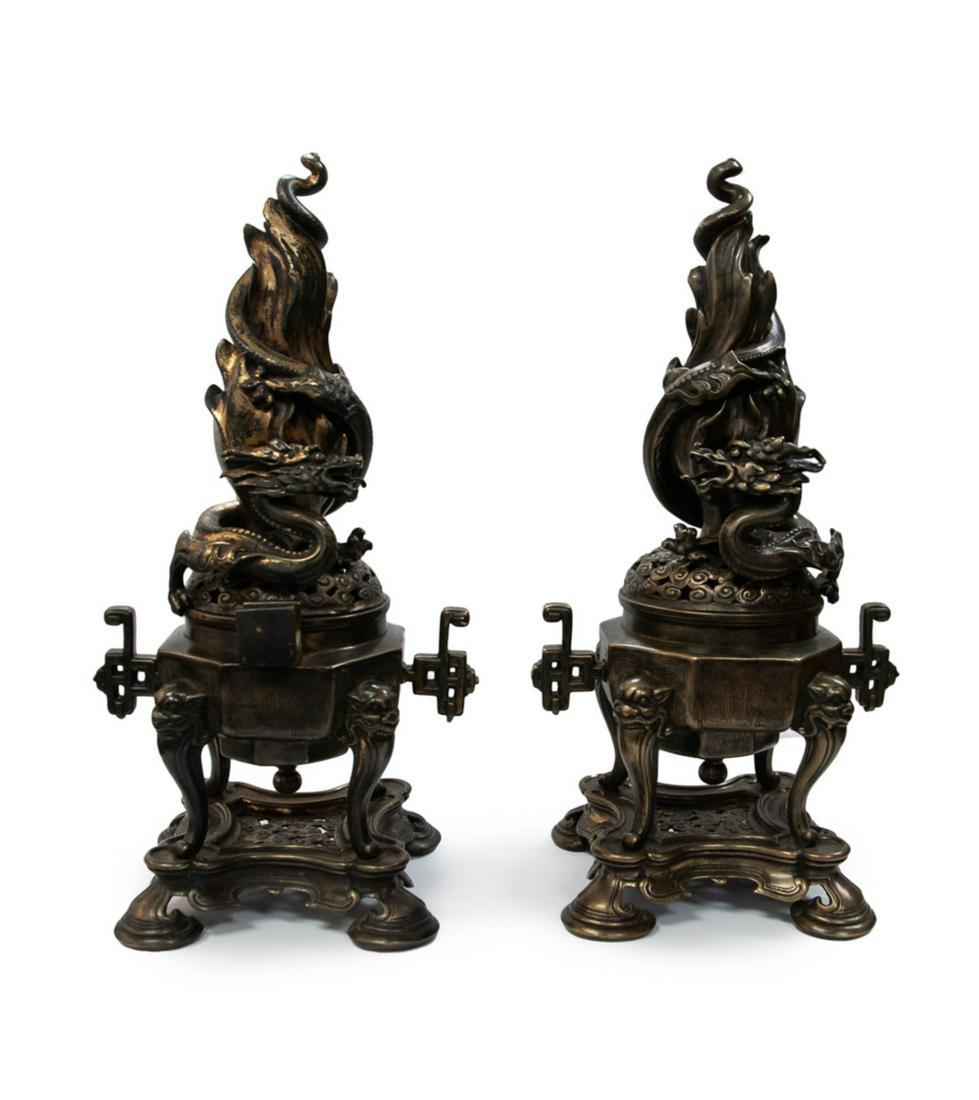 BRONZE DRAGON FIREPLACE ANDIRONS: H:18in(45.7cm) W:9in(22.8cm)