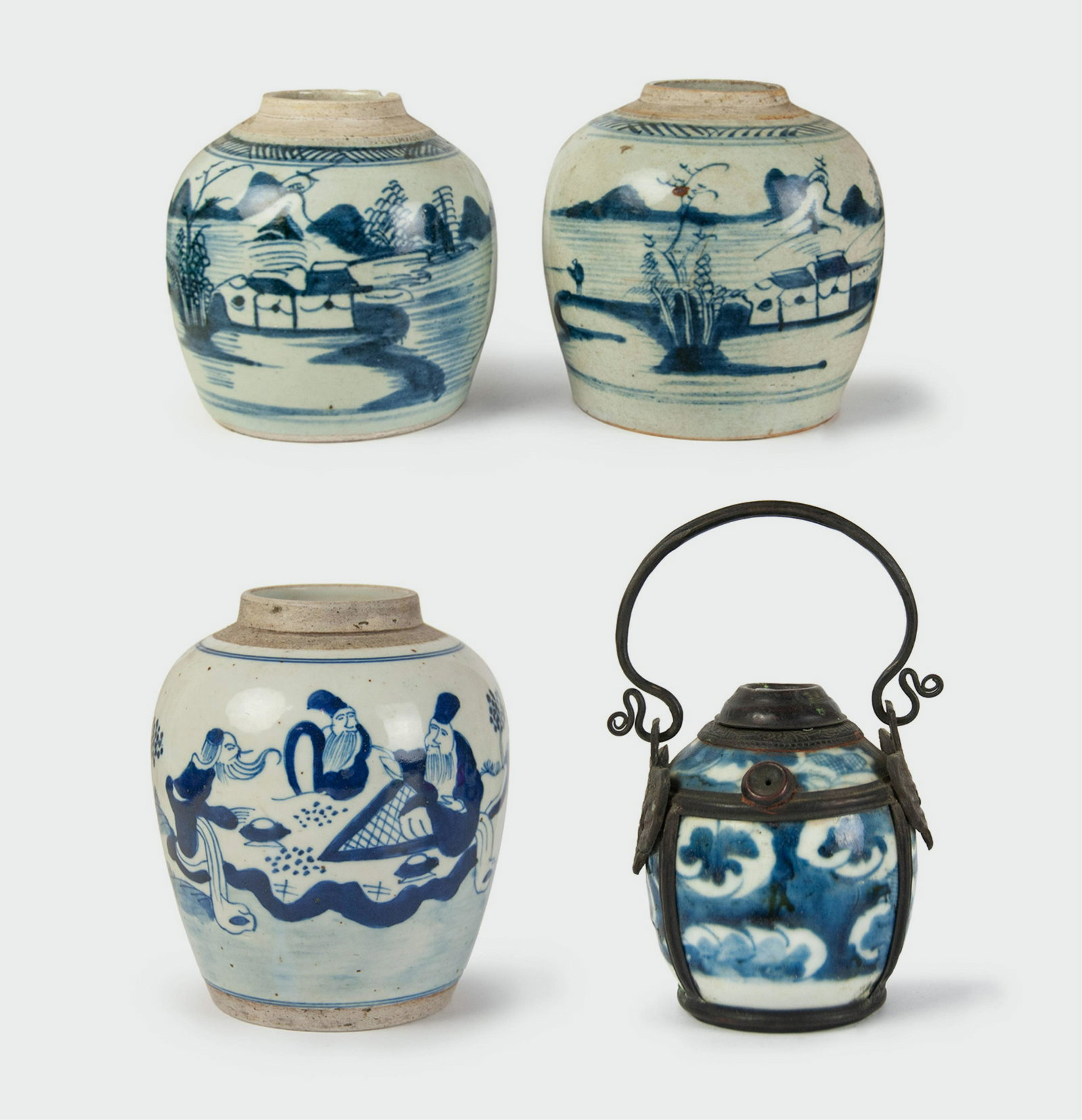 GROUP OF BLUE AND WHITE PORCELAIN AND OPIUM LAMP: H:6 1/4in(15.8cm) W:6 1/2in(16.5cm) H:6in(15.8cm) W:6 1/4in(15.8cm) H:5 3/4in(14.6cm) W:5in(12.7cm) H:3 1/2in(8.8cm) W:3 1/4in(8.2cm)