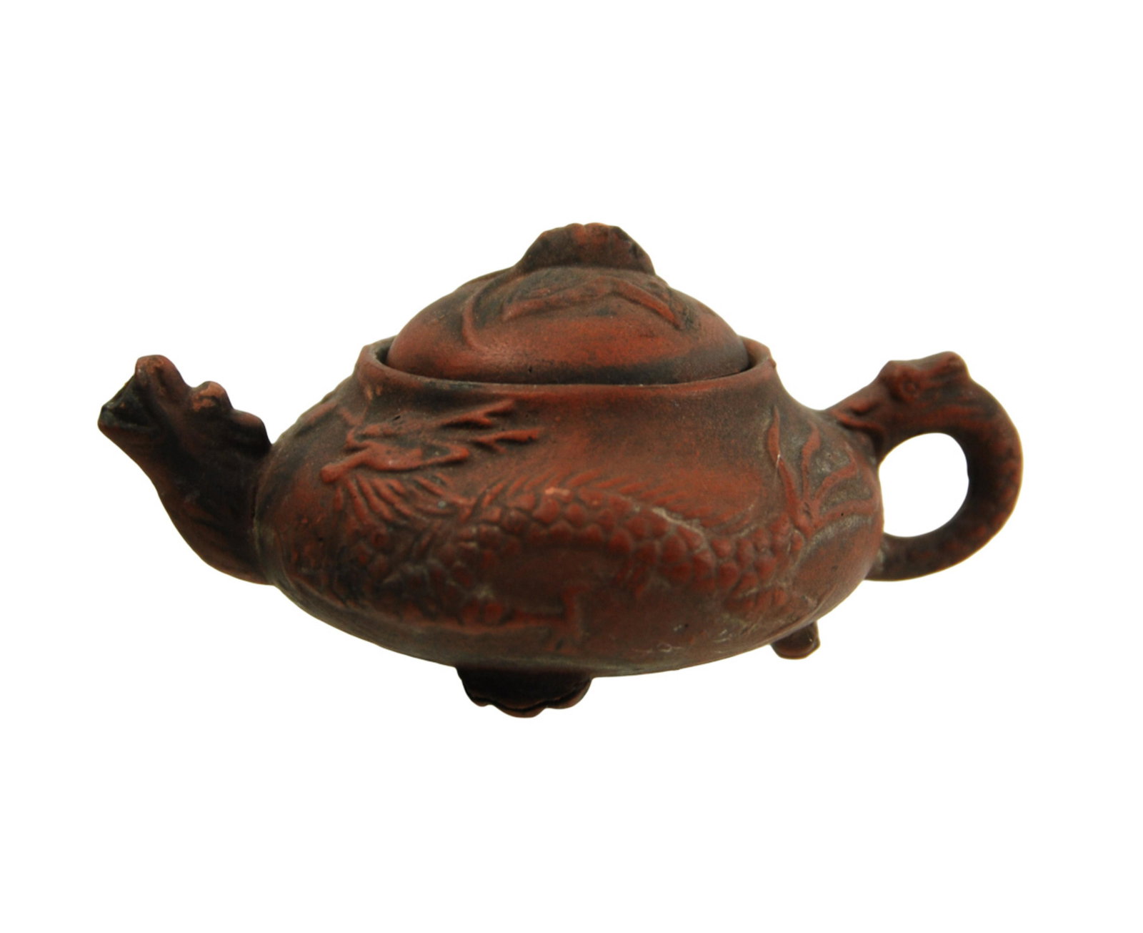 YIXING CLAY DRAGON TEA POT: H:2in(5cm) W:4 1/4in(10.7cm)