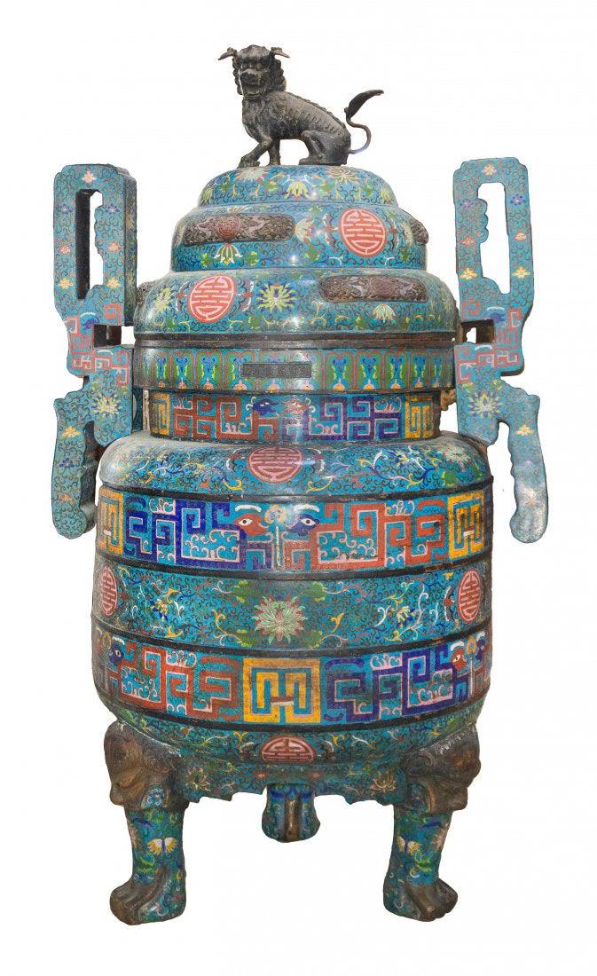 LARGE TEMPLE SIZE CLOISONNE BRONZE CENSER/BRAIZER (1 of 5)