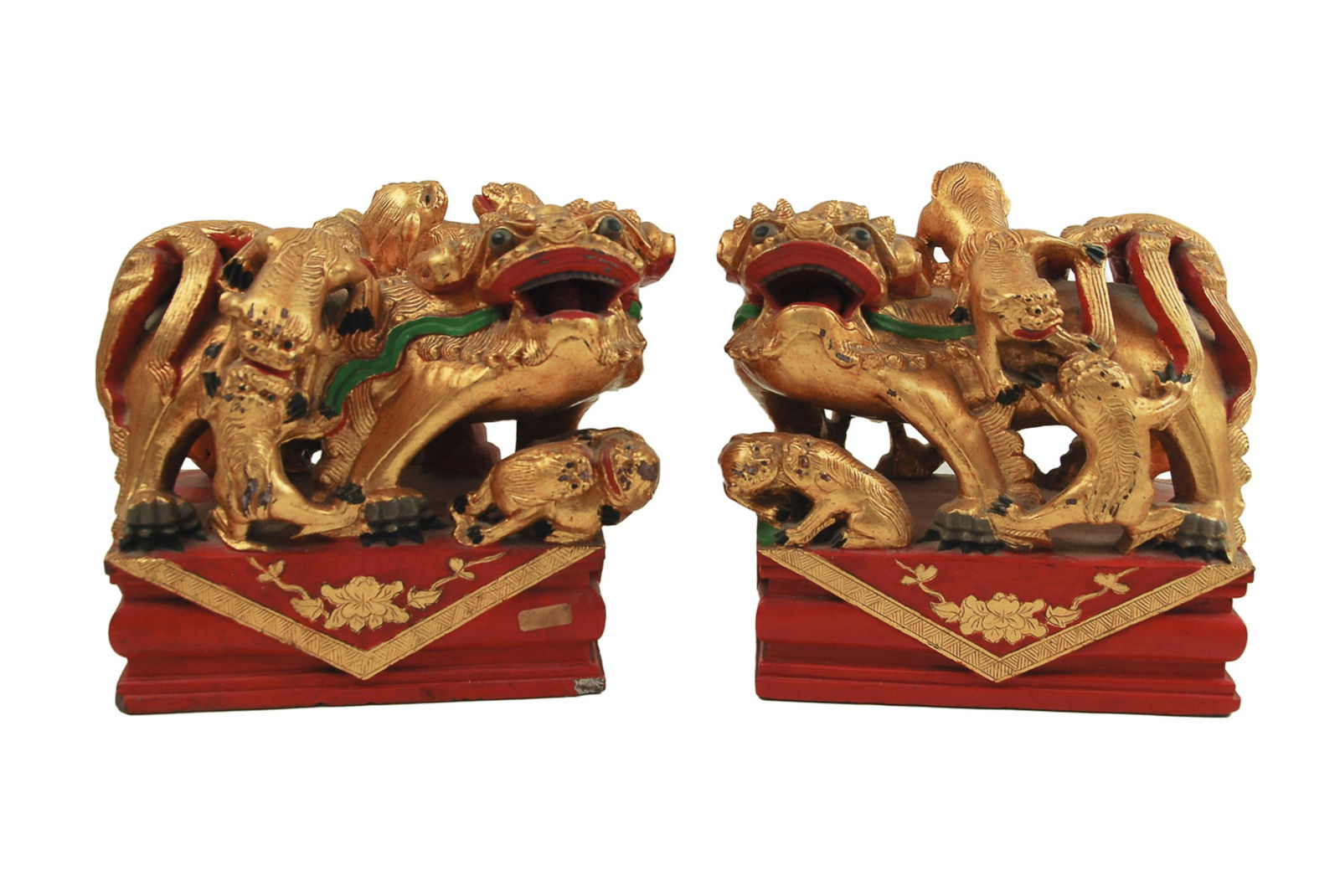 PAIR OF CARVED STONE GILDED FOO LIONS (1 of 2)