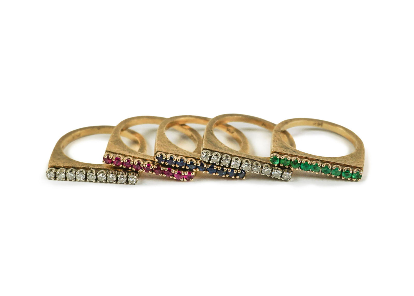 14K DIAMOND & MULTI-COLORED GEM RING SET OF FIVE (1 of 4)
