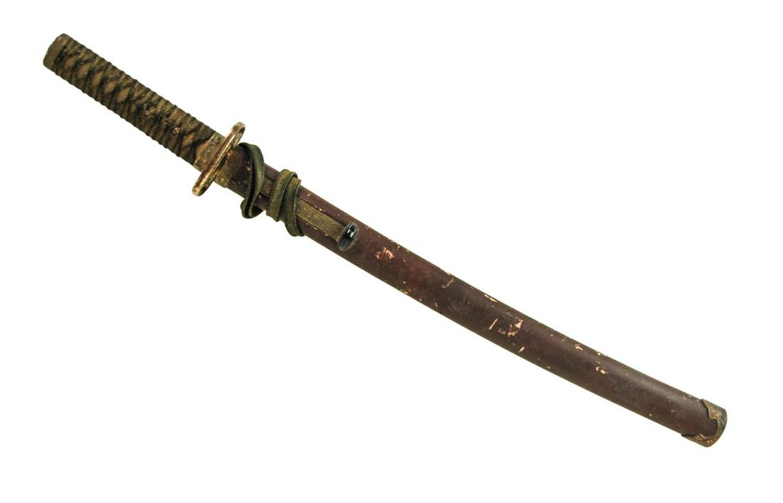 JAPANESE SAMURAI SWORD WITH OLD BLADE: Handle appears to be wrapped over ray skin. 16 3/4 In (42.5)